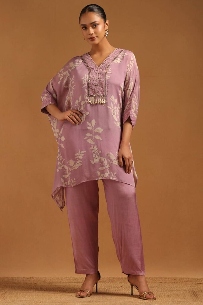 Purple Chinon Botanical Kaftan Suit With Hand Embroidery And Sequin Details by Soch, South Asian ethnic wear