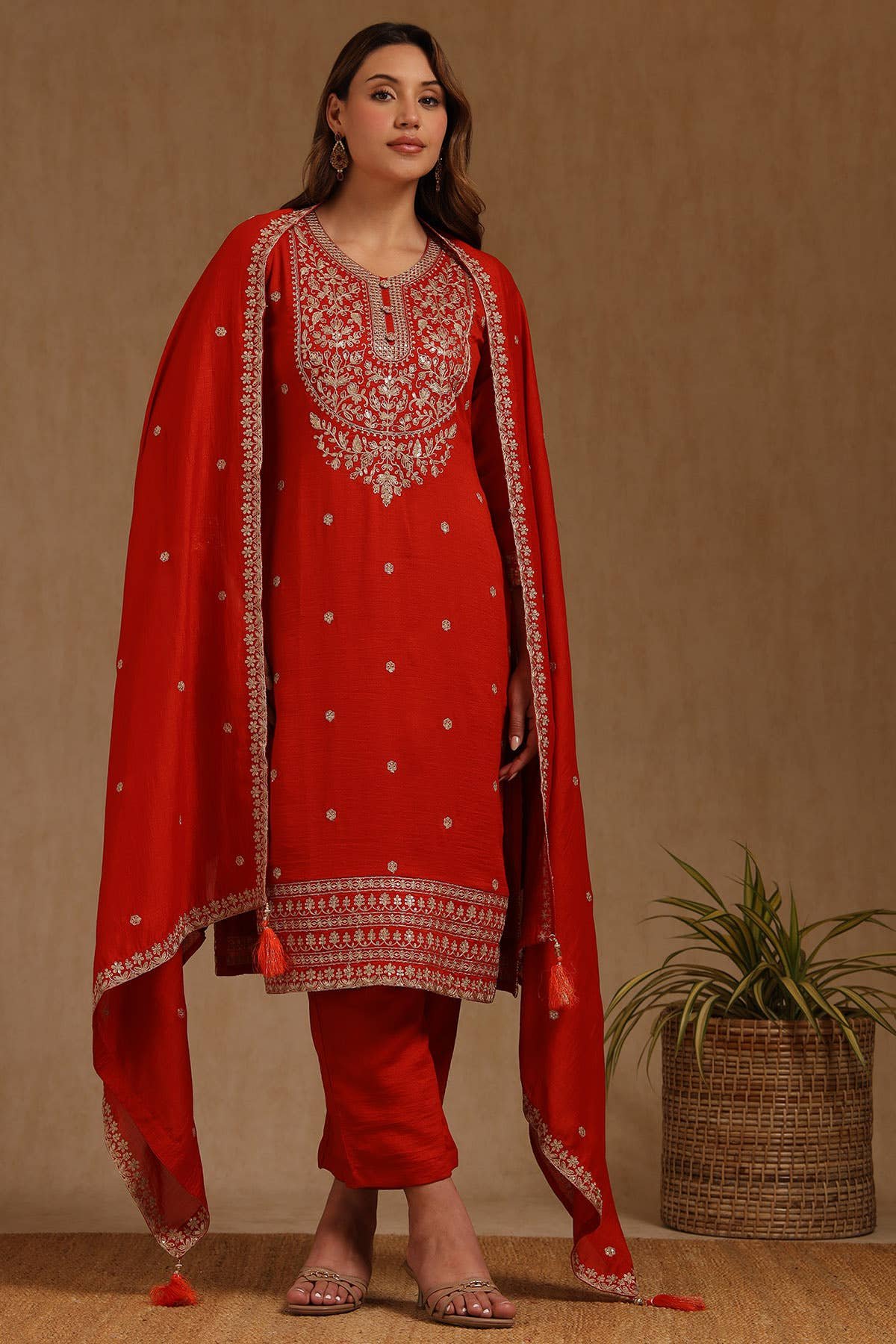 Red Vichitra Embroidered Suit Set With Stones And Sequins