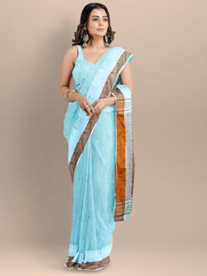 Blue Color Silk Cotton Solid Maheshwari Handloom Saree by BharatSthali, South Asian ethnic wear