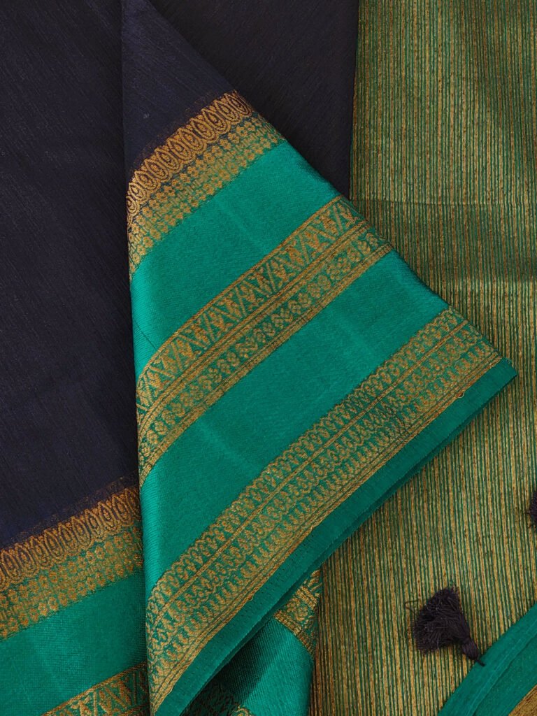 Navy Blue Raw Silk Saree With Woven Borders by Valampuri, South Asian ethnic wear