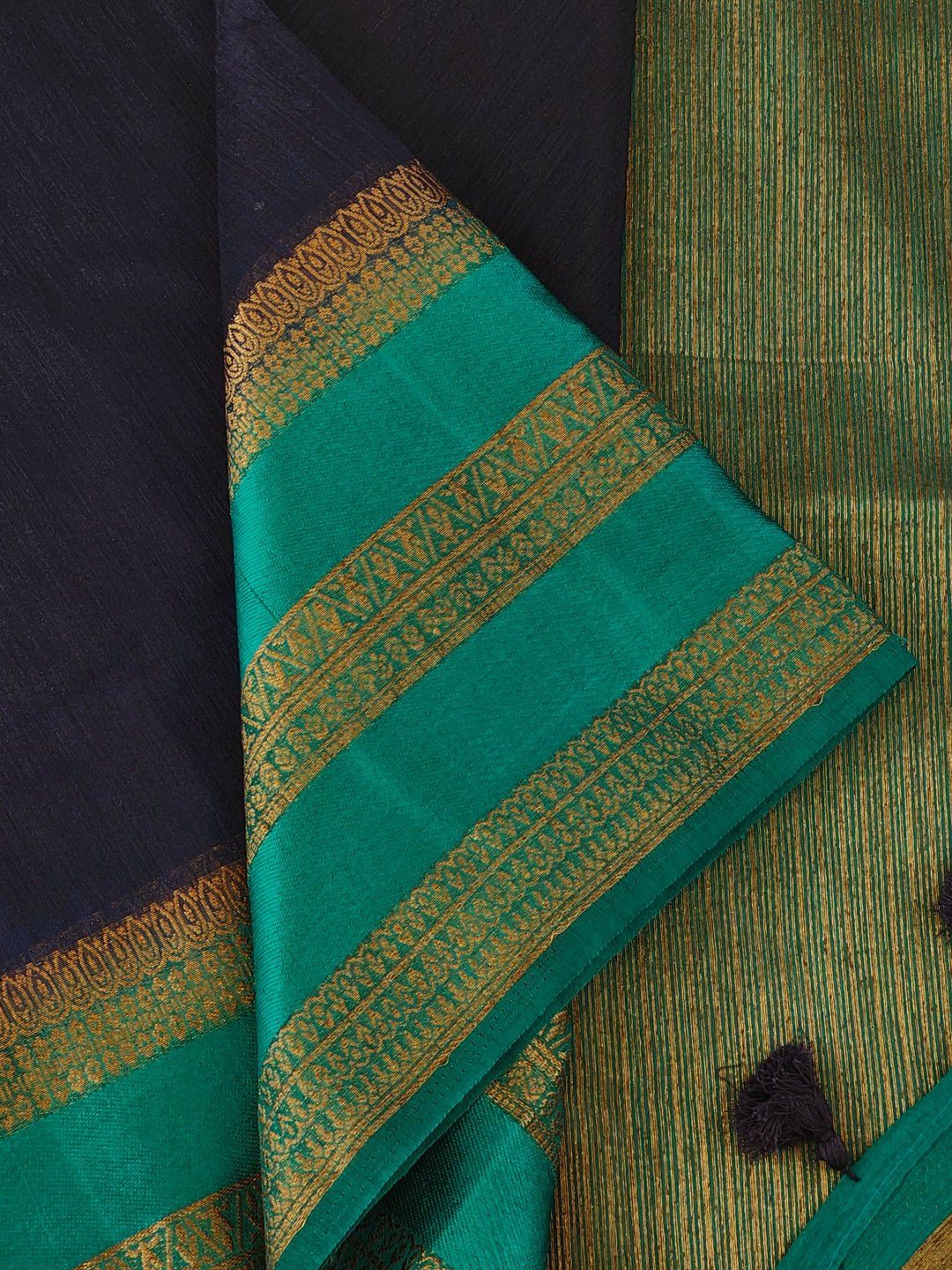 Navy Blue Raw Silk Saree With Woven Borders