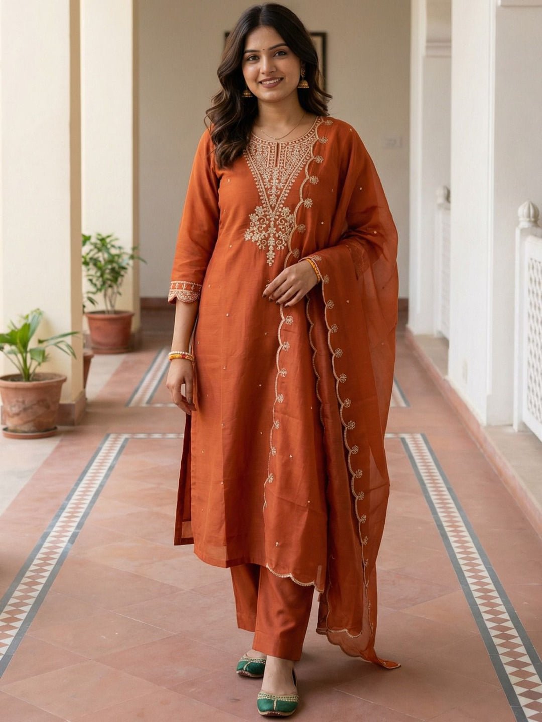Orange Embroidered Silk Blend Kurta Set by Valampuri, South Asian ethnic wear