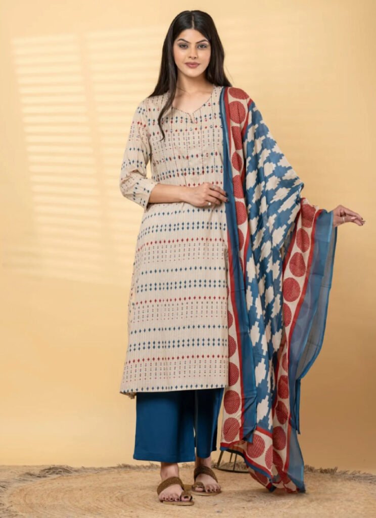 Blue Printed Cotton Kurta Set With Mirrorwork by Valampuri, South Asian ethnic wear