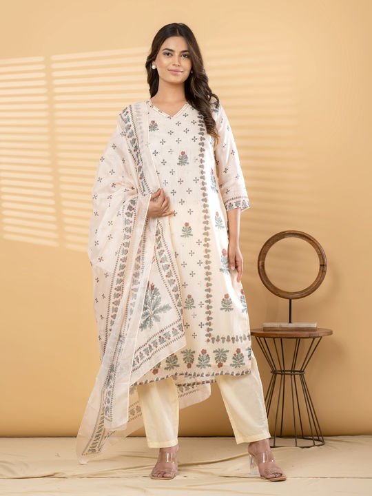 Cream Printed Cotton Kurta Set by Valampuri, South Asian ethnic wear