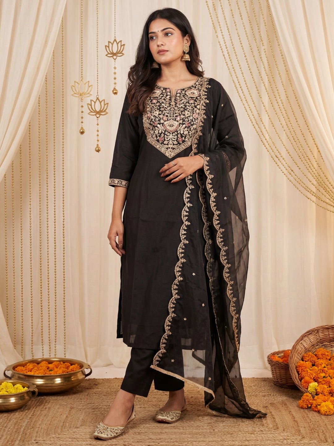 Black Embroidered Silk Blend Kurta Set