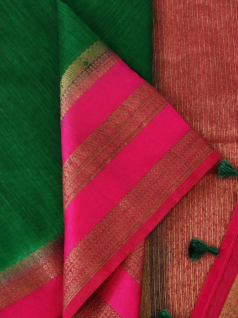 Green Raw Silk Saree With Contrast Borders by Valampuri, South Asian ethnic wear