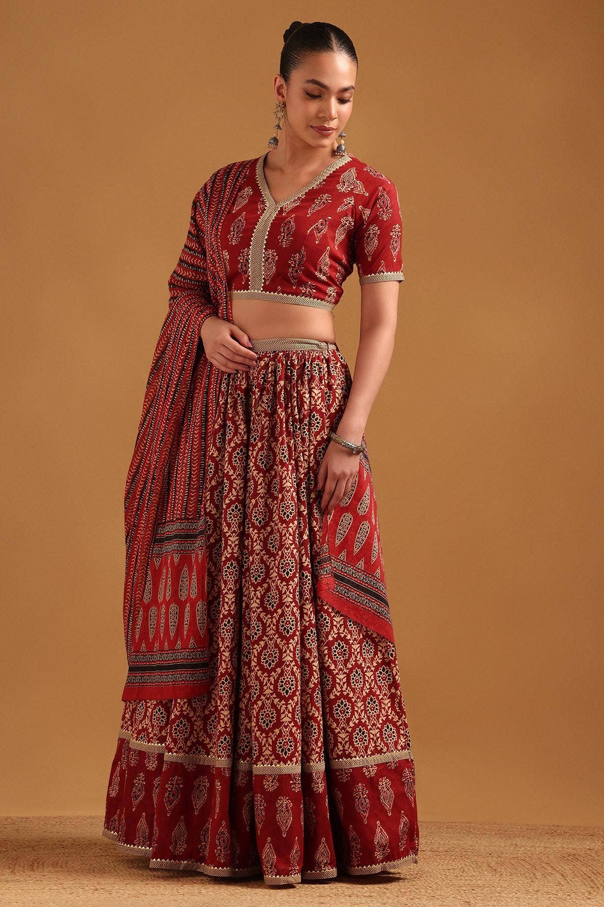 Rust Cotton Botanical Lehenga Set by Soch, South Asian ethnic wear