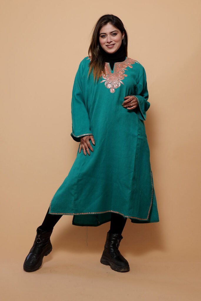 Sea Green Color Kashmiri  Work Embroidered Phiran Enriched With Zari Neckline Pattern by Kashmir Villa, South Asian ethnic wear