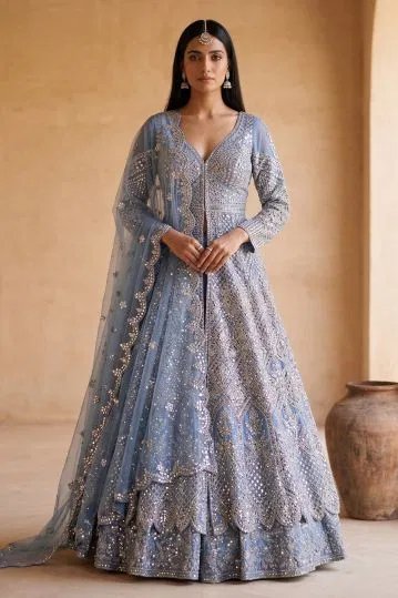 Sky Blue Stone Embroidered Net Jacket Lehenga With Full Sleeves-Ac2330 by Samyakk, South Asian ethnic wear