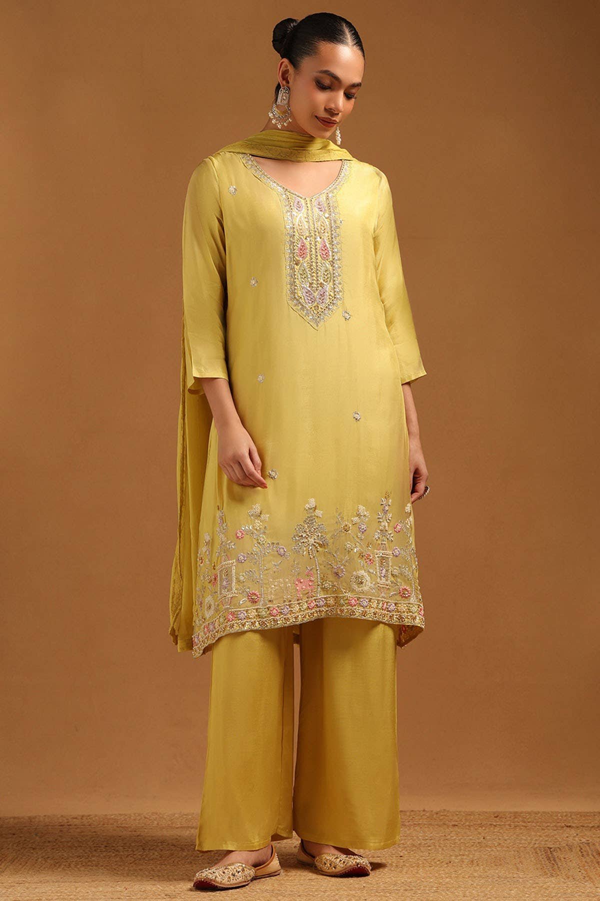 Yellow Roman Silk Botanical Suit Set With Hand Embroidery And Cutdana Details