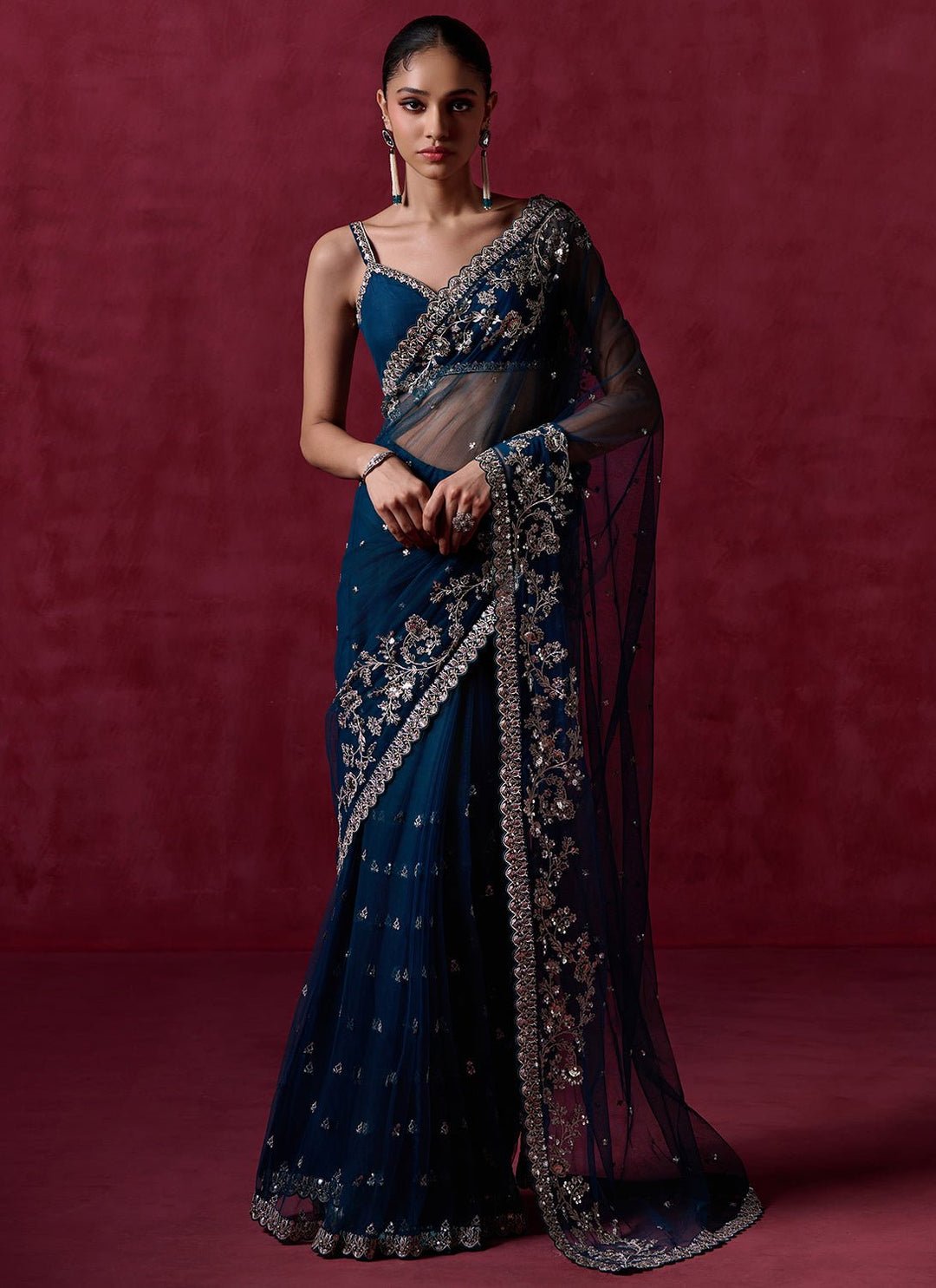 Teal Blue Embroidered Net Saree by Lashkaraa, South Asian ethnic wear
