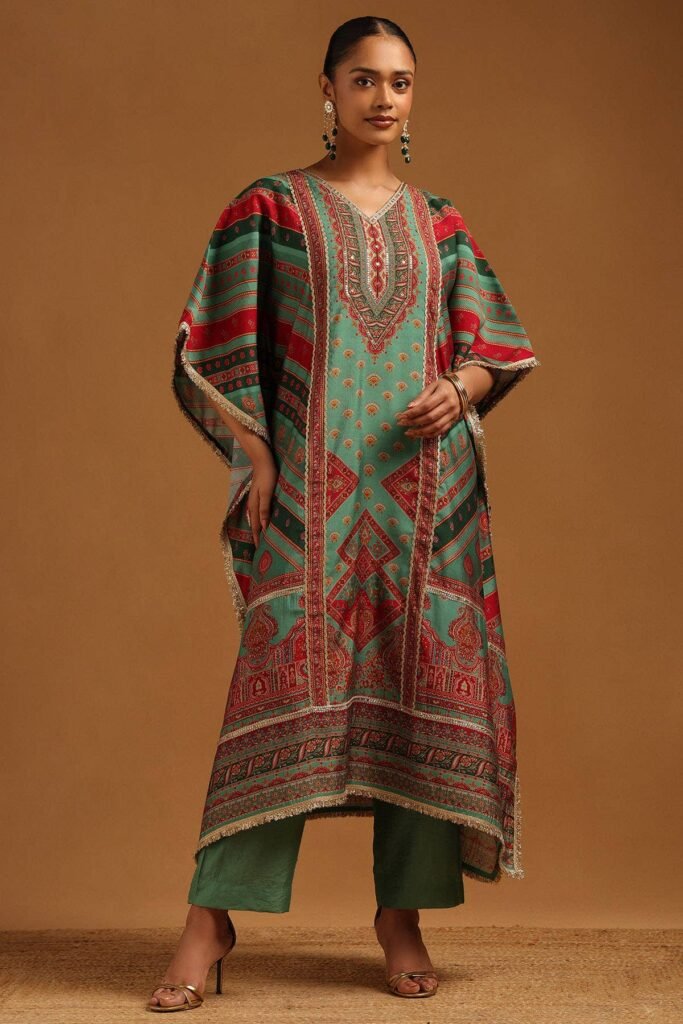 Teal Muslin Ethnic Motifs Kaftan Suit With Gotta Patti by Soch, South Asian ethnic wear