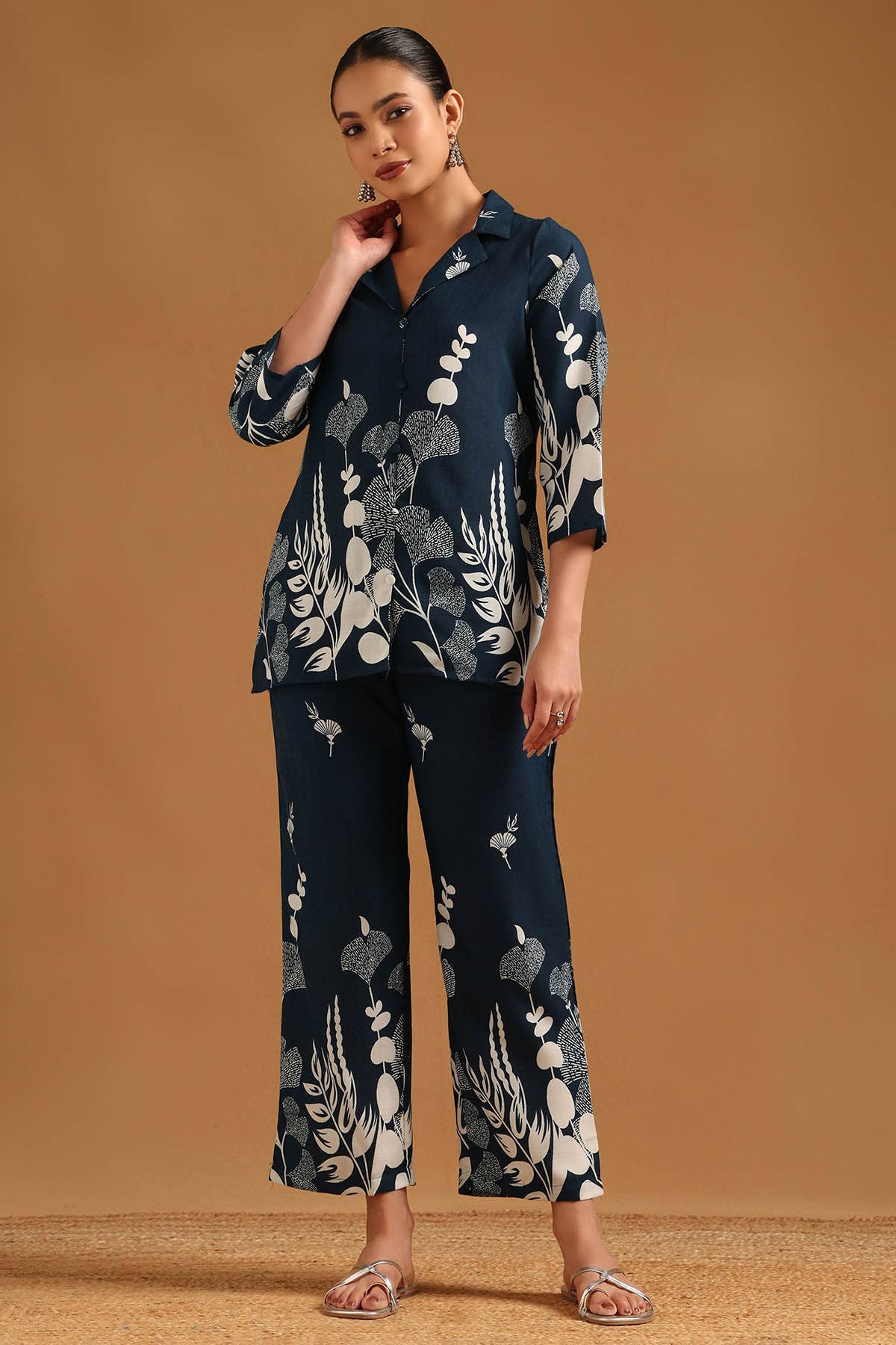 Teal Polyester Botanical Co-Ord Set