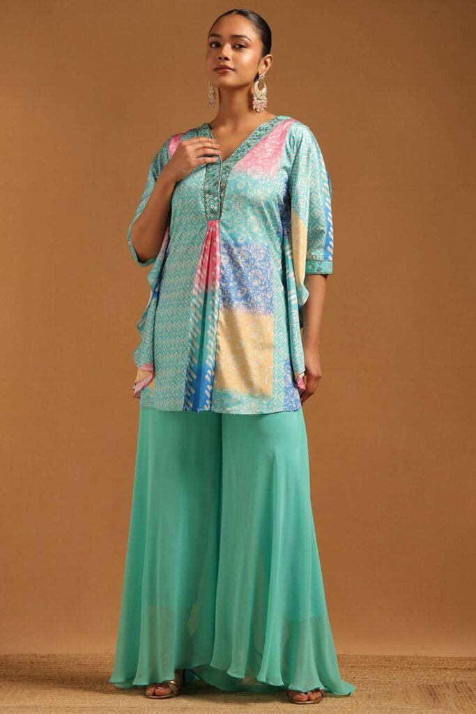 Turquoise Blue Crepe Ethnic Motifs Kaftan Suit With Mirror & Cutdana by Soch, South Asian ethnic wear