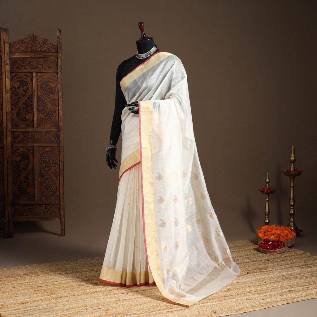 White – Handloom Zari Work Chanderi Silk Saree 23 by itokri, South Asian ethnic wear