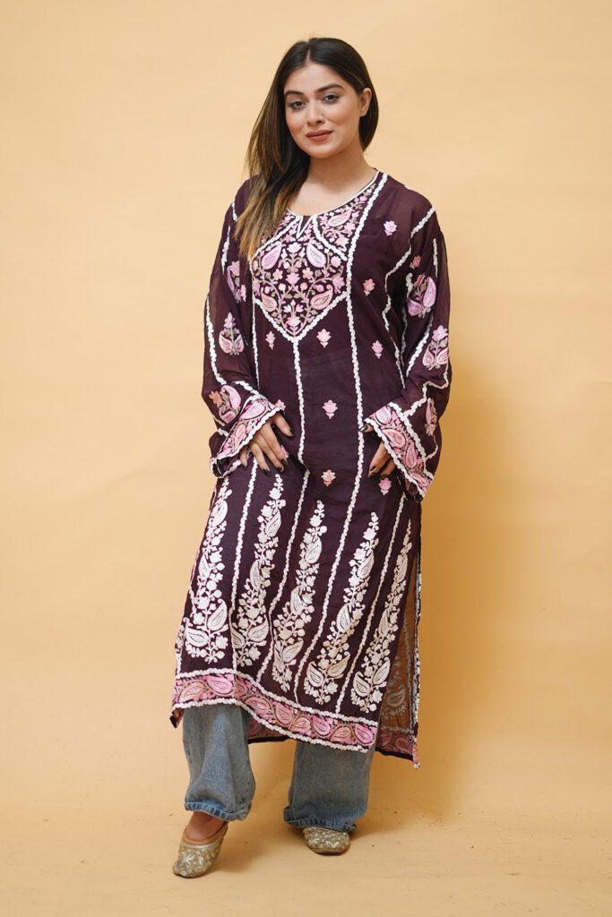 Wine  Lining  Kashmiri Kurti With Multicolour All Over Front And Back Embroidery. by Kashmir Villa, South Asian ethnic wear