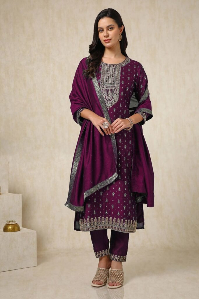 Wine Viscose Blend Foil Print Suit Set With Thread Work by Soch, South Asian ethnic wear