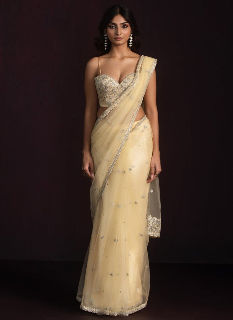 Yellow Embroidered Corset Style Saree by Lashkaraa, South Asian ethnic wear